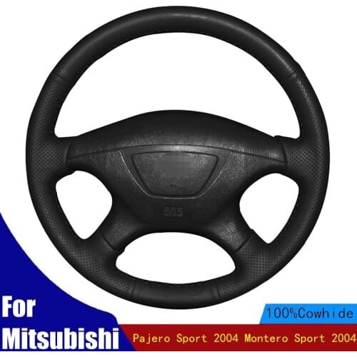 DIY Car Steering Wheel Cover Hand-stitched Black Genuine Leather For Mitsubishi Pajero Sport 2004 Montero Sport 2004