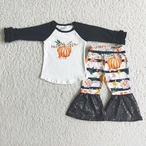 Halloween Children Ready To Ship Clothes Toddler Girl Pumpkin Printed Icing Ruffle Shirt Macth Stitching Sequin Flare Pants Set