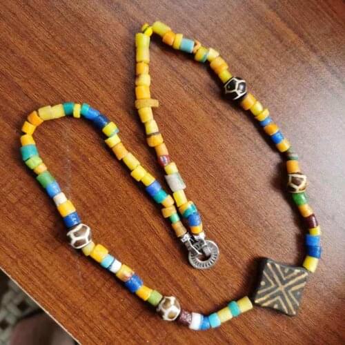 Rainbow Colored African Old Glass Antique Beads Designer Jewelry Bontic Wood Fossil Ground Bead Geometric Necklace
