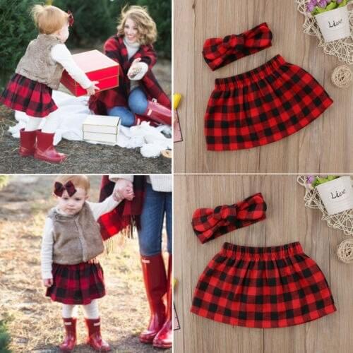 Sweet Christmas Infant Baby Girl Xmas Plaid Skirts Headband Outfit Clothes