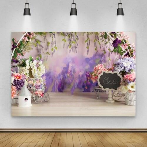 Laeacco Gray Wood Floor Baby 1st Birthday Party Decor Photography Backdrop Spring Flowers Wisteria Photo Background Photo Studio