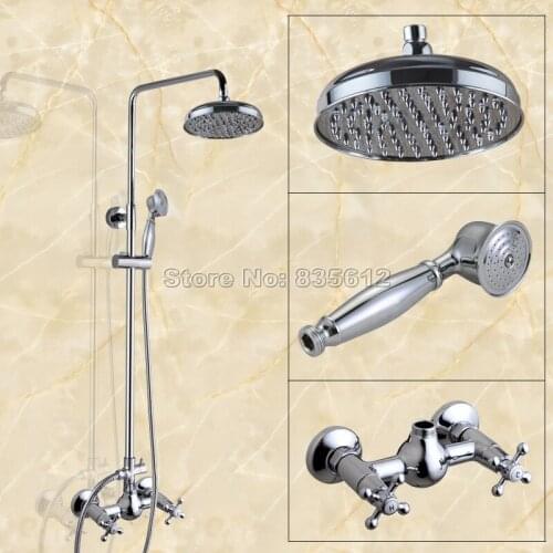 Wall Mounted Chrome Finish 8 inch Round Rainfall Bathroom Shower Faucet Set Dual Cross Handles Mixer Tap Wcy305