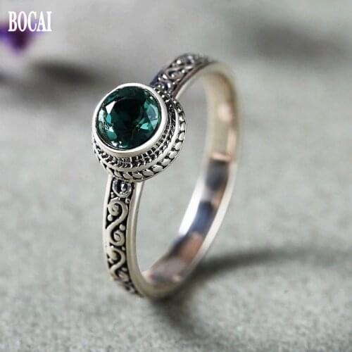BOCAI New Real S925 Pure silver woman ring inlaid with green crystal fashionable baroque style ring for Woman