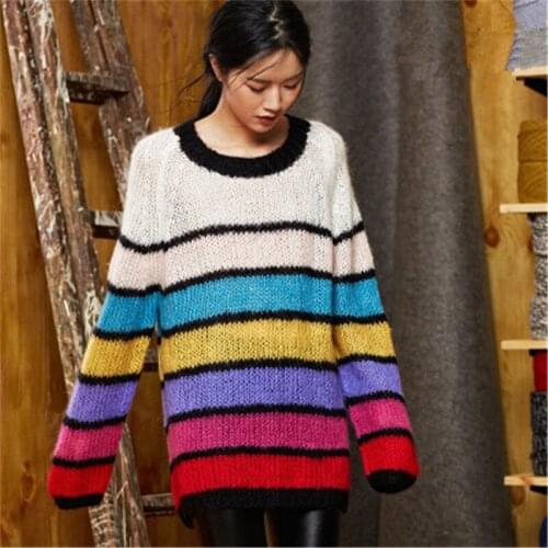 New arrival 100% hand made wool Oneck thin knit women fashion rainbow striped H-straight pullover sweater one&over size