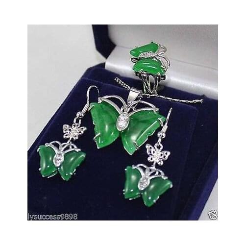New Style Hot sale**** Set Pretty butterfly green jade pendant Necklace earrings ring Fashion Wedding Party Jewellery