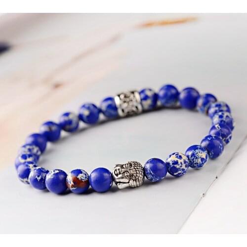 Charm Retro Buddha Head Beads Bracelet Homme Fashion Men Blue Imperial&Lava Stone Strand Bracelet Erkek Bileklik