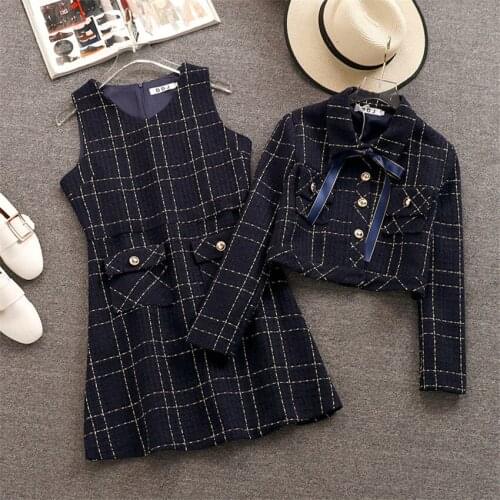 Autumn Two Piece Women Bow Tie Woolen Coat + Woolen Tank Dress Elegant Lady Long Sleeve Blend Coats Short Section Outwear WZ1013