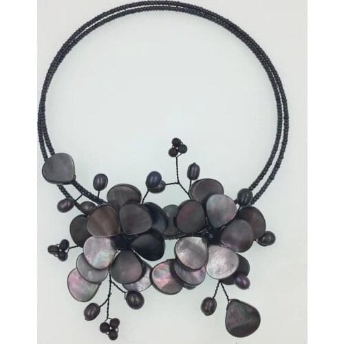 Flower freshwater pearl rice and black shell flower 17inch necklace FPPJ wholesale beads nature
