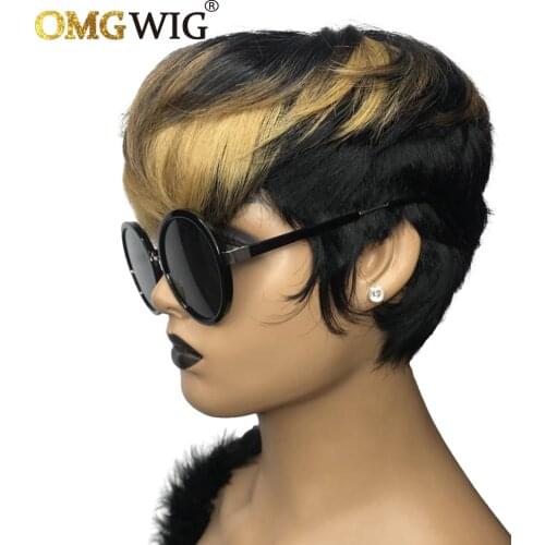 Short Wavy Bob Wig Pixie Cut Non Lace Human Hair Wigs With Bangs For Black Women Wholesale Brazilian Remy Hair Ombre Color Wigs