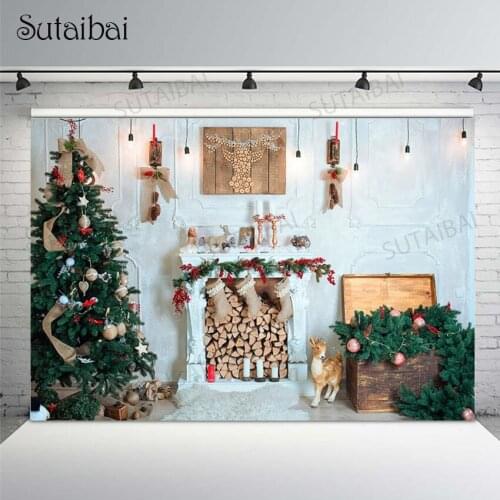 Christmas Tree Fireplace Backdrop Photography Vintage Dress Up X-mas Party Decoration Supplies Background for Photo Studio Props
