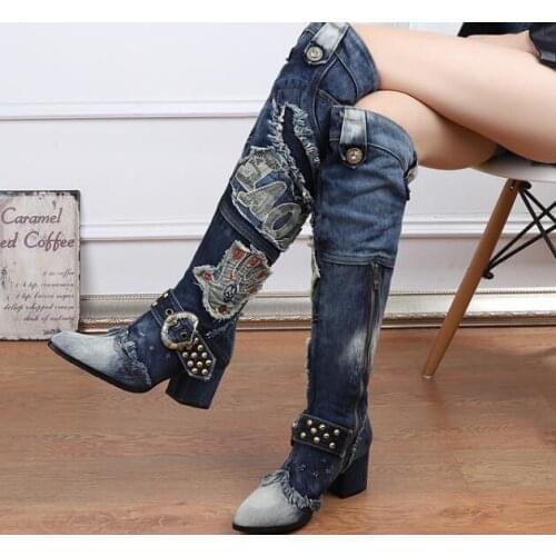 Moraima Snc Denim Blue High Heel Boots Pointed Toe Rivets Studded Thick Heels Riding Boots Over the Knee Boots