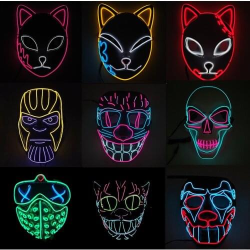 Glowing Cosplay LED Mask Demon Slayer Samurai Horror Skull Scary Face EL Wire Mask For Halloween Rave Party Decoration