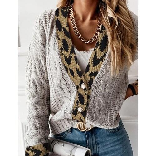 Women Casual Leopard Printed Knitted Sweater Long Sleeve Sexy V neck High Streer Buttons Cardigan 2021 Winter Fashion Sweater