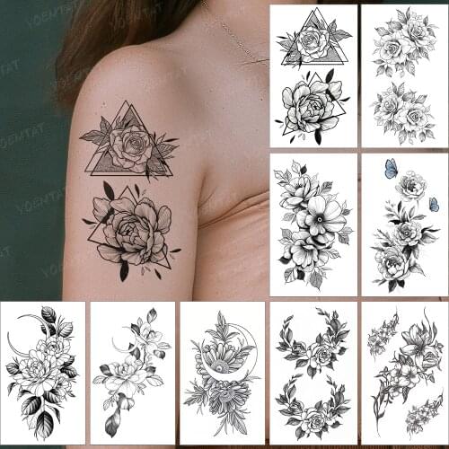 Waterproof Temporary Tattoo Sticker Simple Lines Small Roses Flowers Peony Moon Flash Tatoo Fake Tatto For Body Art Women Men