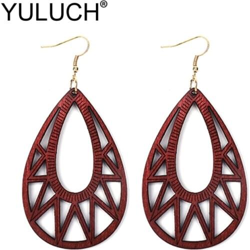YULUCH Women Vintage Hollow Wooden Water Drop Earrings For Women Long Fashion Jewelry 2019 Ethnic African Long Pendant Earrings