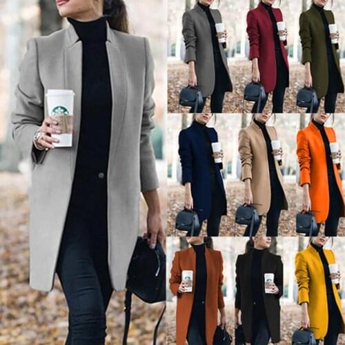 Autumn Fashion Womens Jacket Solid Color Stand-up Collar Woolen Coat Mid-length Elegant Plus Size Long Sleeve Cardigan Commute