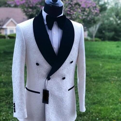 Groomsmen White Pattern Groom Tuxedos Shawl Black Velvet Lapel Men Suits 2 Pieces Wedding Best Man ( Jacket+Pants+Tie ) C782
