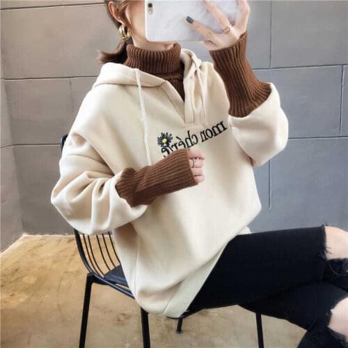 Hoodie woman autumn winter new hooded high-collar fake two fashion jacket cashmere thickening Korean version of the students