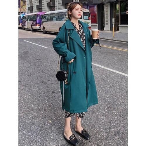 Womens Windbreaker Spring Autumn New British Fashion Pure Color High Quality Double Breasted Lace-up Commuter Feminine Coat 115