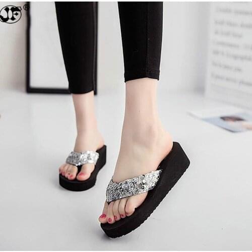2019 Women Summer Sequins Flip Flops Woman Beach Bohemian Slippers Ladies Platform Mid Heels Shoes sapato feminino 785kj