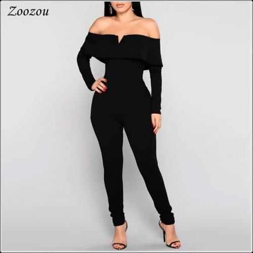 Women Autumn Sexy Ruffles Off Shoulder Jumpsuit Strapless Bodycon Long Sleeve Slim Jumpsuit Plus Size Rompers Jumpsuit Custom
