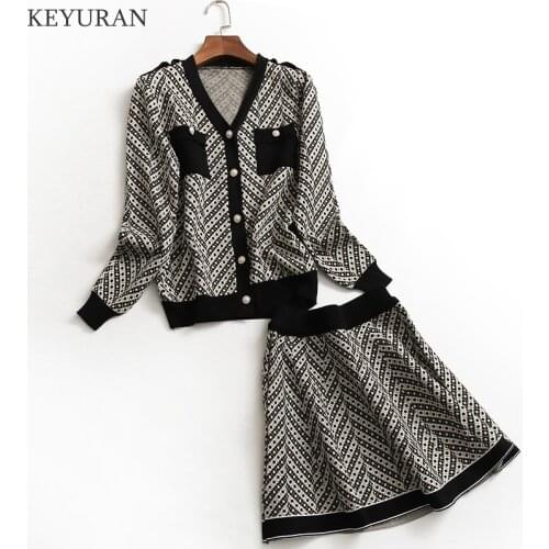Women Autumn Winter Retro Casual Knitted Set Long Sleeve V Neck Loose Cardigan Sweater + High Waist A-Line Skirts Two Piece Suit
