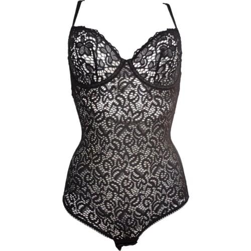 Womens Black Solid Color Lace Gauze Thin See Through Underwire Open Crotch Sexy Bodysuit, Underwear Lingeries SLA067