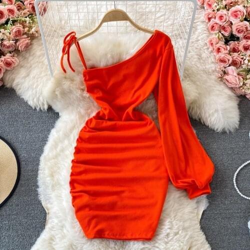 Sexy One Shoulder Long Sleeve Mini Party Dress Women 2021 Autumn Clothes Drawstring Ruched Slim Bodycon Club Dress Casual Street