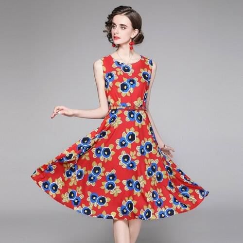 2021 Summer Elegant Tank Dress Womens Sleeveless Boho Flower Printed Vintage Casual Female Vest Beach Midi Dress Vestidos
