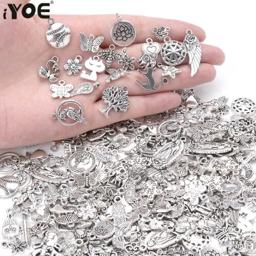 100pcs/Lot Mix Metal Charms Butterfly Angle Life Tree Heart Charm Cross Star Flower Pendant For DIY Bracelet Keychain Home Decor
