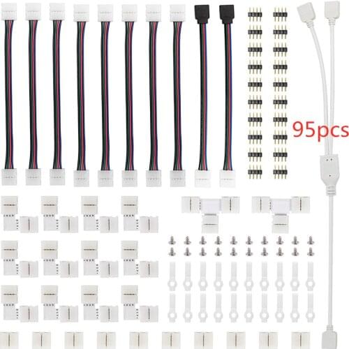 95 pcs RGB 5050 4-pin LED Strip Light Solderless Connector Kit with T/L-Shaped Connectors Strip Jumpers Strip Clips