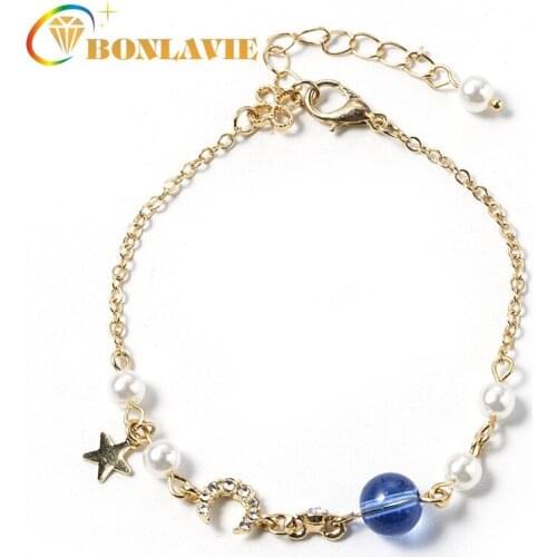 BONLAVIE Little Blue Star Moon Bracelet Girl Heart Pearl Inlaid Star Moon Bracelet