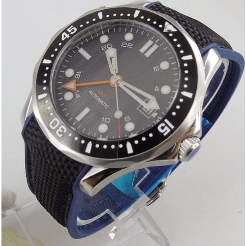 41mm Black Sterile Dial Self Winding Sapphire Glass Rubber Strap Date Window Mens Watch Automatic GMT Movement