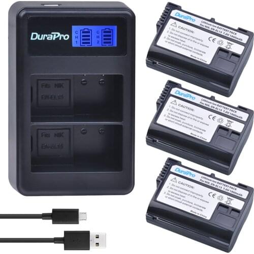 DuraPro 3Pcs EN-EL15 ENEL15 EL15 Camera Battery + LCD USB Dual Charger for Nikon D600 D800 D800E D7000 D7100 V1