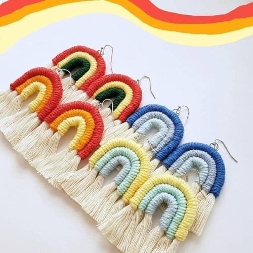 Dvacaman Rainbow Macrame Earrings for Women Trendy Design Leaf Tassel Fringed Drop Earrings Bohemian Weave Cotton Thread Jewelry