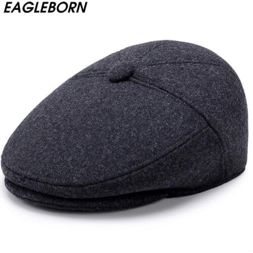 EAGLEBORN 2021 Winter Mens Hats Classic Berets Hat with Ear Flaps Beret Caps Thick Warm Dad Hat Men Retro Cap