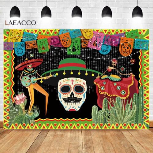 Laeacco Baby Cartoon Cactus Happy Carnival Mexican Festivals Skull The Day Of the Dead Banner Photo Background Photo Backdrops