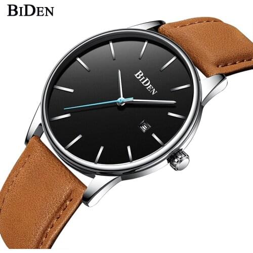 BIDEN Men Quartz Watch Simple Business Mens Wristwatch Genuine Leather Band Casual Waterproof Calendar Clocks For Male Gifts