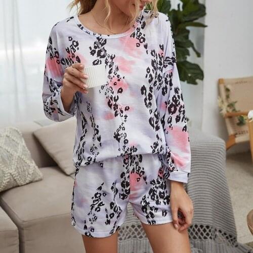 Summer New Plus Size Tie-dye Womens Clothing Short-sleeved Fashion Leopard Print Sexy Backless Loose Home Wear Two-piece Suit