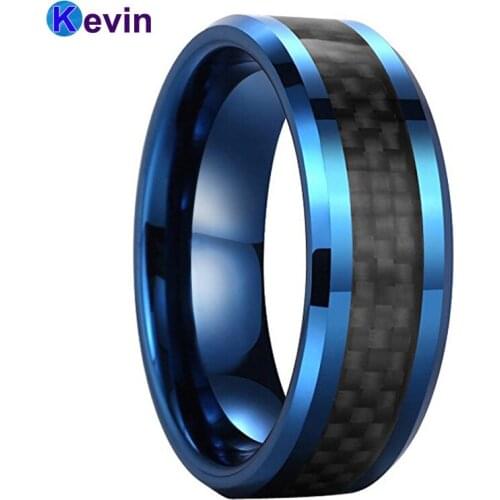 Tungsten Wedding Rings For Men And Women Blue Wedding Band With Black Carbon Fiber Inlay 8MM Comfort Fit