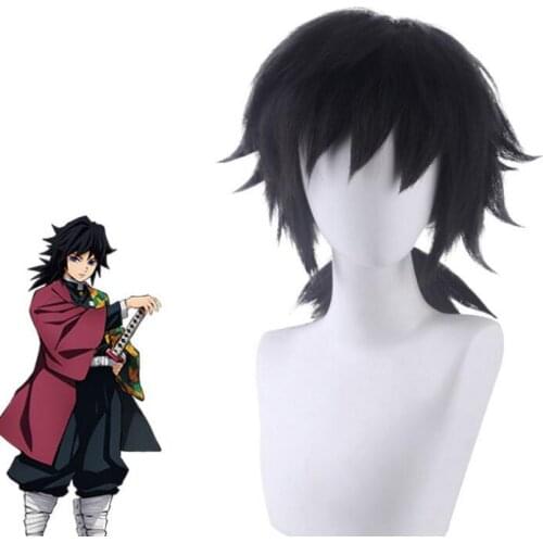 60CM Demon Slayer Kimetsu no Yaiba Tomioka Giyuu Black Ponytail Wig Cosplay Costume Heat Resistant Synthetic Hair Men Women Wigs