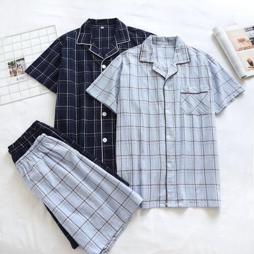 Summer Men Short-sleeved Shorts Pajamas Cotton Thin Plaid Plus-size Home Clothing 2 Piece Set Turn-down Collar Sleepwear 2021