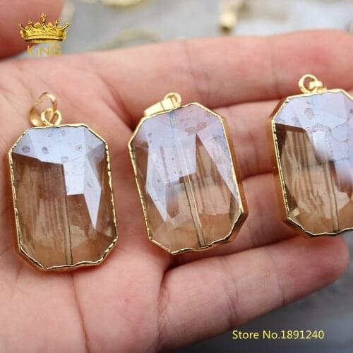 10pcs Champagne Glass Faceted Rectangle Loose Beads Pendants,Cut Glass Plated Gold Edged Copper Charms Crafts Necklace ZJC02