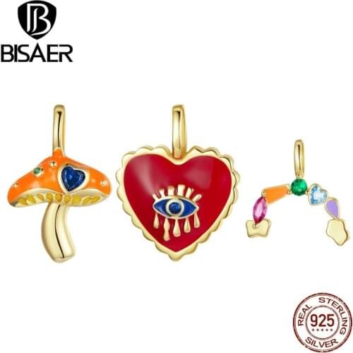 BISAER 925 Sterling Silver Enamel Red Heart Charms Gold Color Rainbow Mushroom Fit Original Bracelets DIY Jewelry Making ECP056