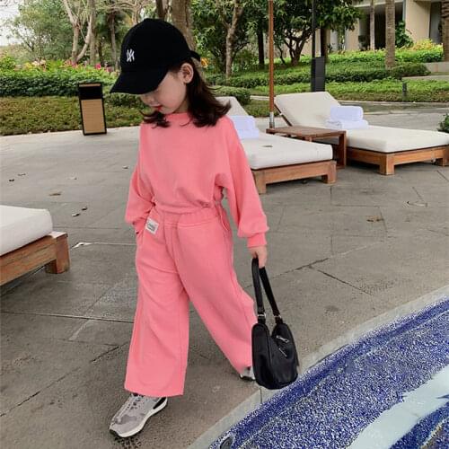 Girls Spring Autumn Sportswear Kids Korean Long Sleeve Sweater Loose Sweatpants 2 Piece 3-7 Years Children Pink Blue Clothes Set