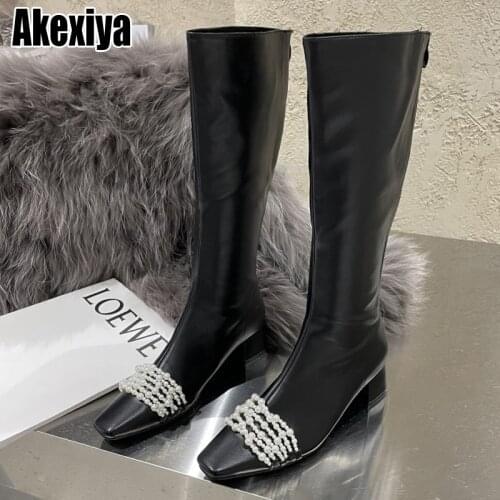 Autumn and winter 2020 new PU boots womens pearl chain square head Knee-High heel thick heel Knight boots BC2073