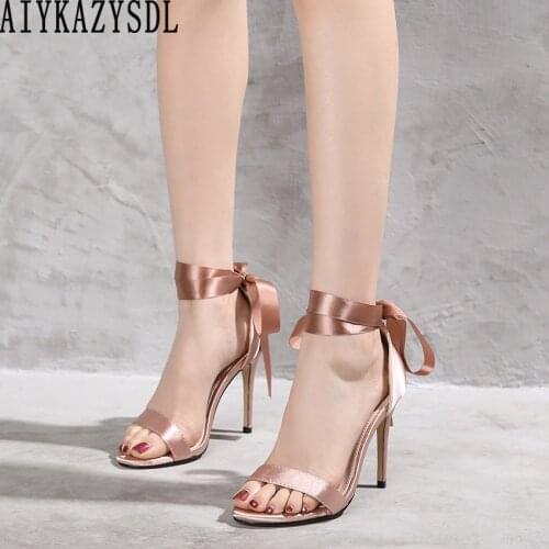 AIYKAZYSDL Women Silk Satin Sandals High Heel Bowtie Bow Knot Open Toe Shoes Champagne Lace Up Stiletto Wedding Bridal Shoes