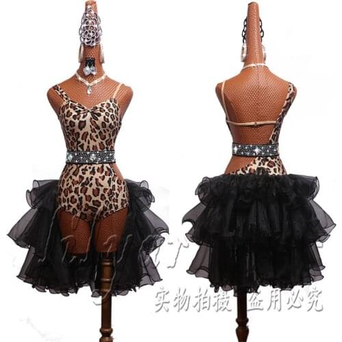 Latin Dance Dress Latin Skirt Competition Dress Costumes Performing Dress Adult Customize Children Leopard Print Black Beading D