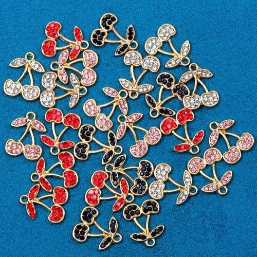 10Pcs/set Shining 4 Color Pave Rhinestone Cherry Charms Fruit Metal Lovely Pendants For DIY Earring Necklace Jewelry Accessory