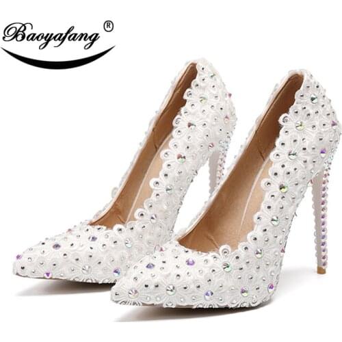 BaoYaFang 11cm High Heeled Fashion shoes Pointed Toe White Flower Wedding shoes Crystal Thin Heel High Pumps Womens Party Pumps